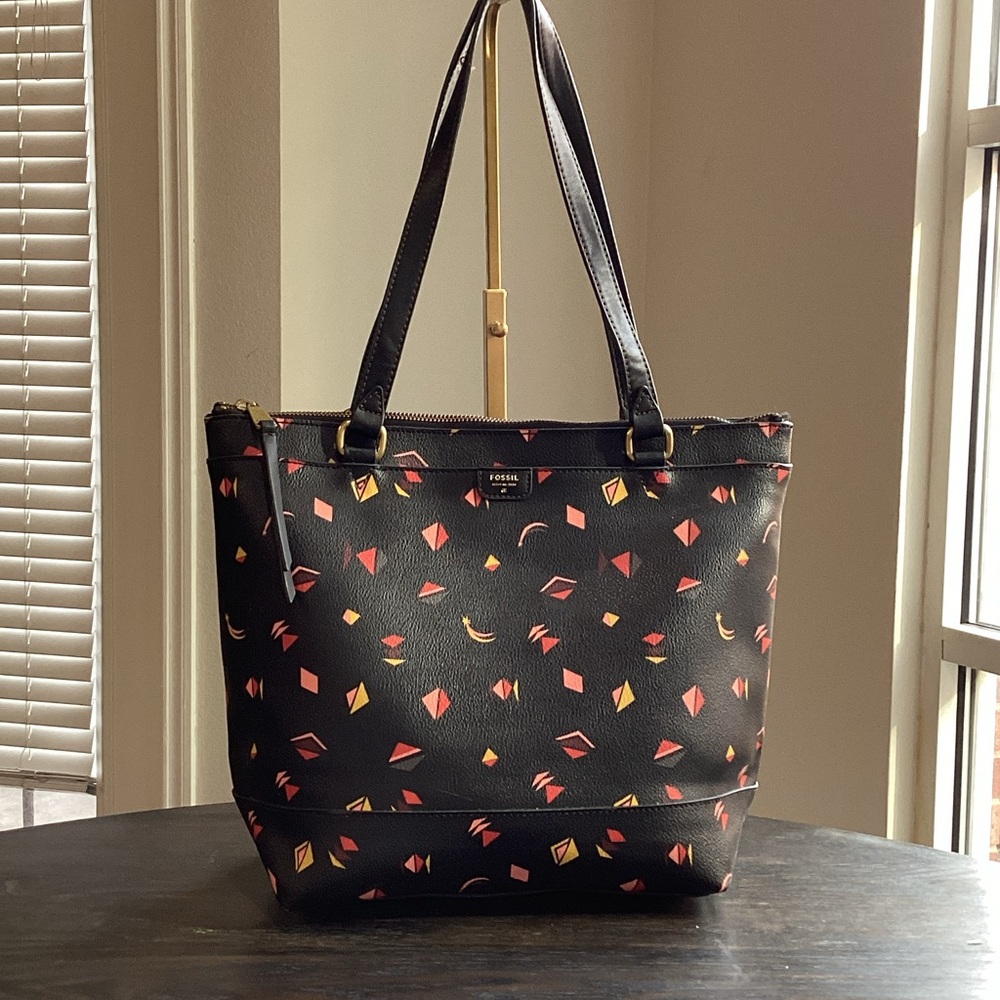 Fossil Black Tote with Pink, Red and Yellow Geometrical Designs